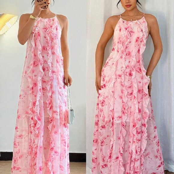 Pink Women's Elegant Ruffle Strap Floral Print Long Flowy Maxi Dress - Picture 1 of 7